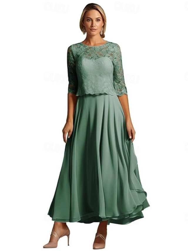  A-Line Mother of the Bride Dress Elegant Simple Crew Neck Ankle Length Polyester Half Sleeve with Pleats Solid Color 2025