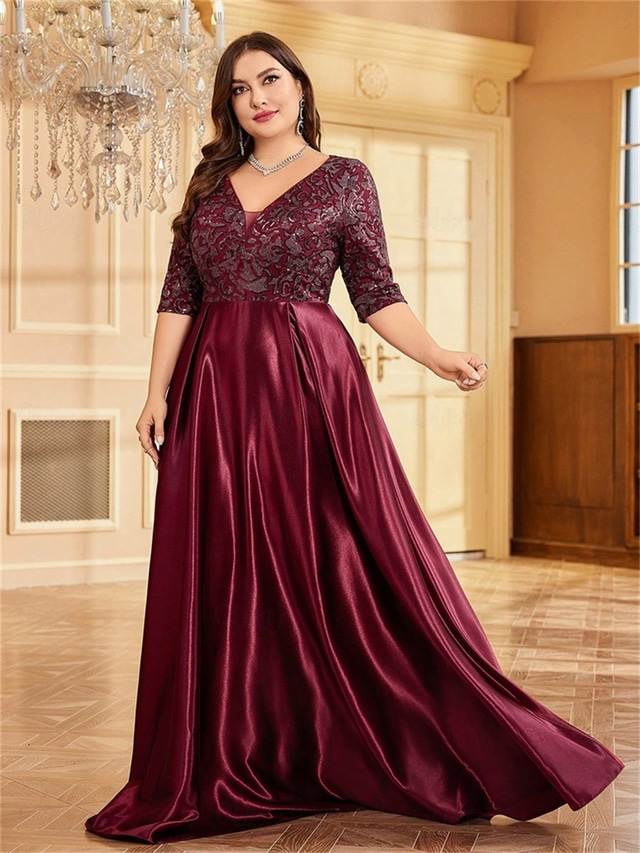  A-Linje Plus Size Klänningar Elegant Curve Klänning Formell Bröllop Golvlängd Halvärm V-Uttag Polyester med Fållar 2025