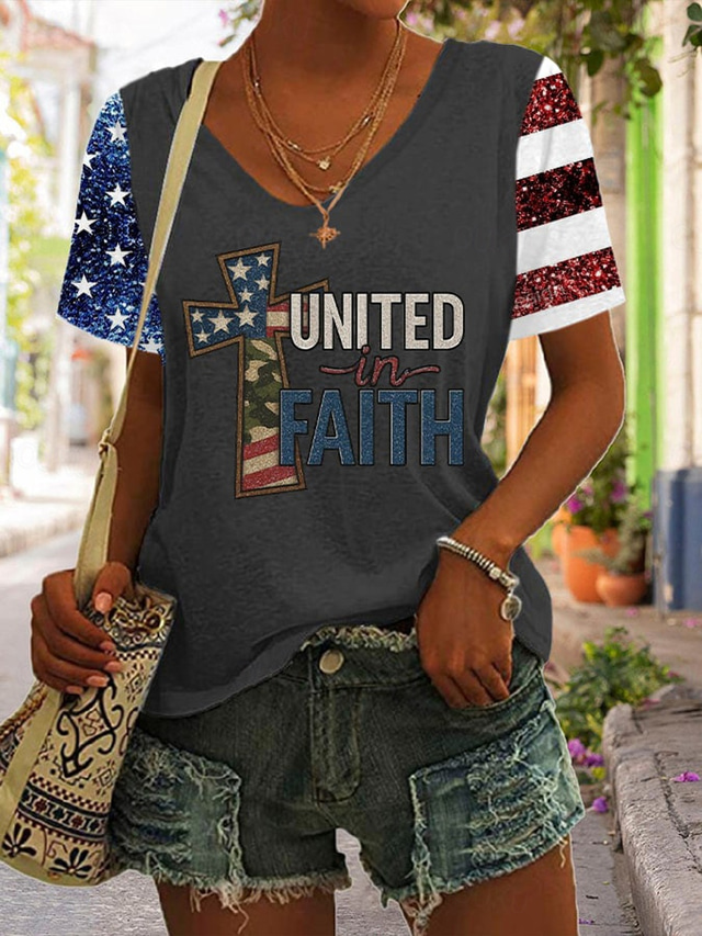  Women's Patriotic  T Shirt Graphic Flag Vintage Stylish Casual Short Sleeve V Neck Regular Tops Daily Print Black White Blue Gray Summer Spring
