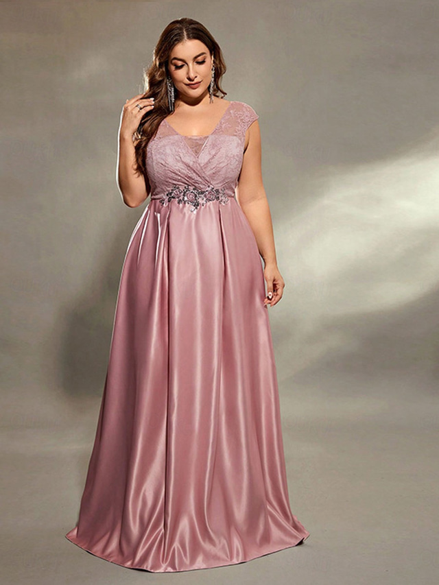  A-Line Evening Gown Elegant Dress Formal Wedding Floor Length Sleeveless V Neck Satin V Back with Pleats