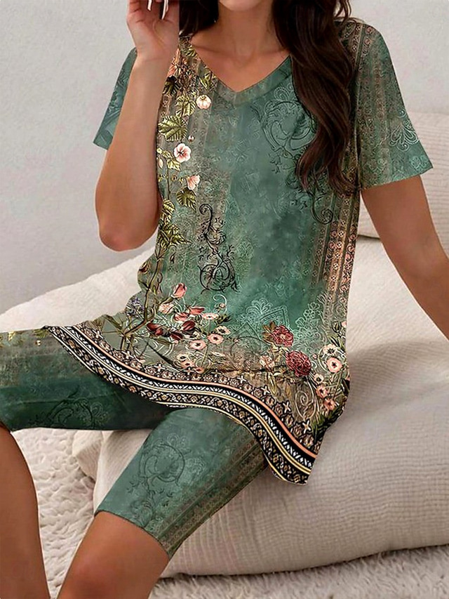  Femmes Vacances ancien Mode T-shirt Ensembles de Shorts Manche Courte Col en V Fleuri Graphique Imprimé Décontracté Quotidien Vert Claire Pourpre Bleu Marine Été Coupe régulière