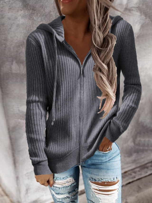  Dámské Svetr Kardigan Elegantní Módní Šik ven Pevná barva Kapuce Zip Pletený Dlouhý rukáv Běžné topy Plést Venkovní Denní Víkend Černá Bílá Podzim Zima
