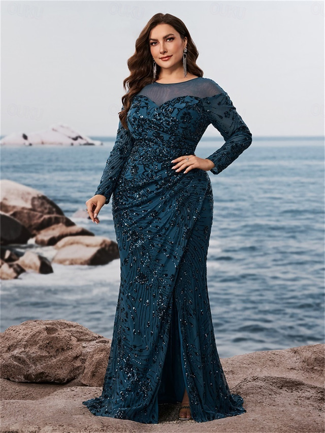  Havfrue  Trumpet Plus Size Klänningar Elegant Curve Klänning Formell Bröllop Golvlängd Långärmad Rundhals Polyester med Slits 2025