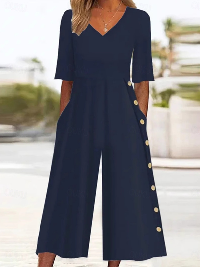  Women's Normal Jumpsuit Active Solid Color Half Sleeve Wide Leg V Neck Buttons Pocket Vacation Daily Regular Fit Navy Blue Summer