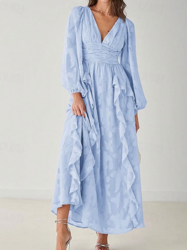  A-Line Mother of the Bride Dress Elegant Simple Minimalist V Neck Wedding Guest Dress Floor Length Floral Chiffon Lace Long Sleeve with Ruched Cascading Ruffles