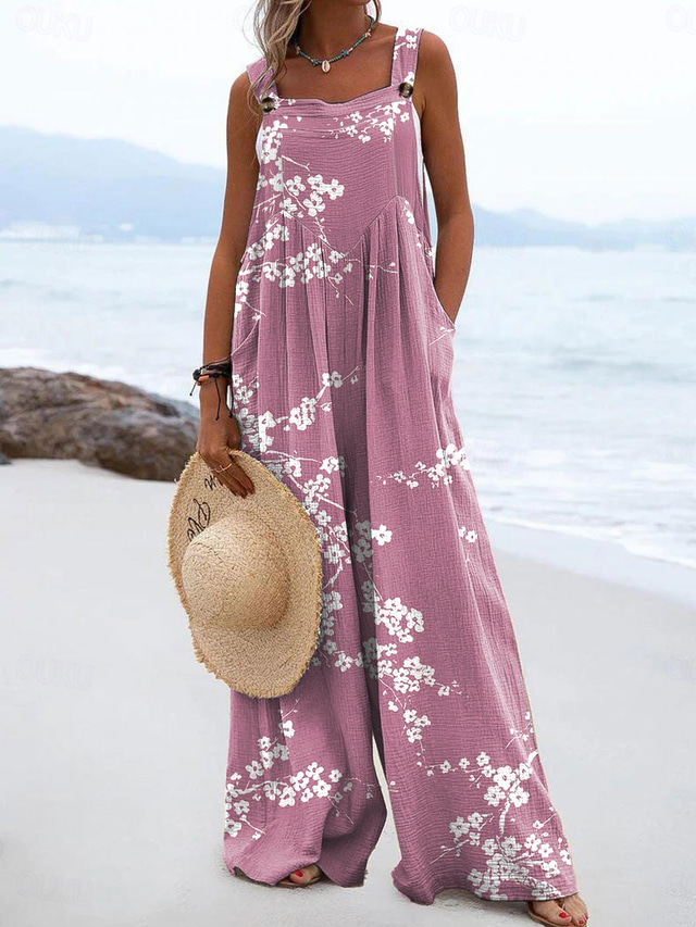  Dam Jumpsuits Aktiv Blommig Ärmlös Brett skaft Semester Gata Lös passning Rodnande Rosa Blå Purpur Sommar