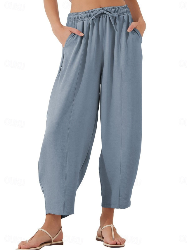  Women's Chinos Fashion Streetwear Basic Full Length High Waist Plain Pocket Elastic Waistband Comfy Soft Comfortable Micro-elastic Outdoor Street Blue Brown Khaki Light Blue Summer Spring Loose Fit