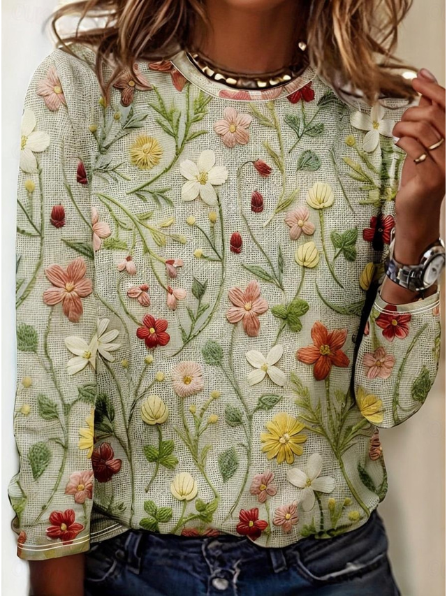  Women's T Shirt Floral Graphic Casual Long Sleeve Crew Neck Regular Tops Daily Print Grass Green Spring Fall