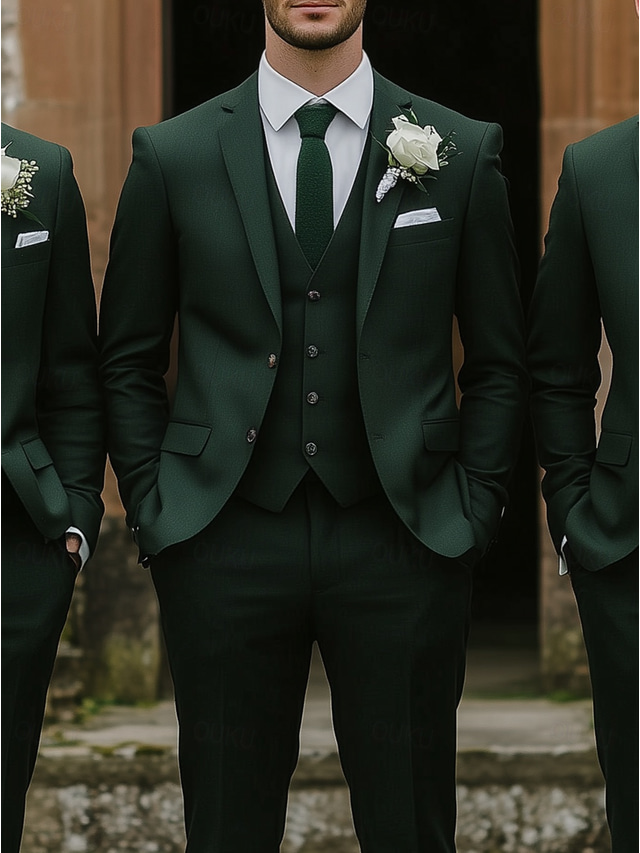  Men's Wedding Business Suits Dark Green Fashion Formal Solid Colored Standard Fit 3 Piece Single Breasted Two-buttons