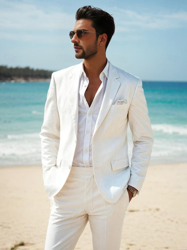  Men's Wedding Casual Suits White Daily Street Style Solid Colored Standard Fit 2 Piece Single Breasted Two-buttons