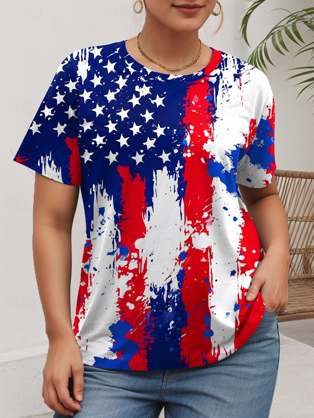  Ziua Independenței Americii pentru femei, mărimi mari, topuri, tricou, imprimeu grafic, steag, mânecă scurtă, guler rotund, casual, zilnic, poliester, vară, alb, roșu