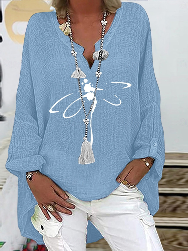  Per donna Camicie di cotone e lino Libellula Essenziale Casual Manica Lunga Scollo a V Top Regolari Quotidiano Stampato Nero Blu marino Azzurro cielo Estate Autunno