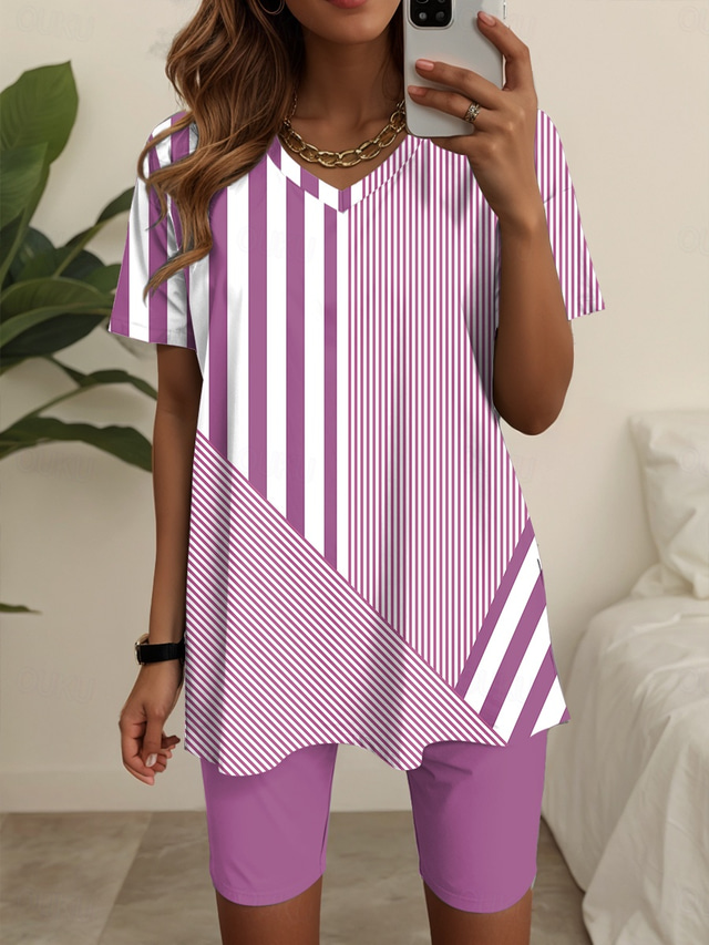  Femmes Mode T-shirt Ensembles de Shorts Manche Courte Col en V Graphique Rayé Imprimé Décontracté Quotidien Bleu Violet Vert Été Coupe Ample
