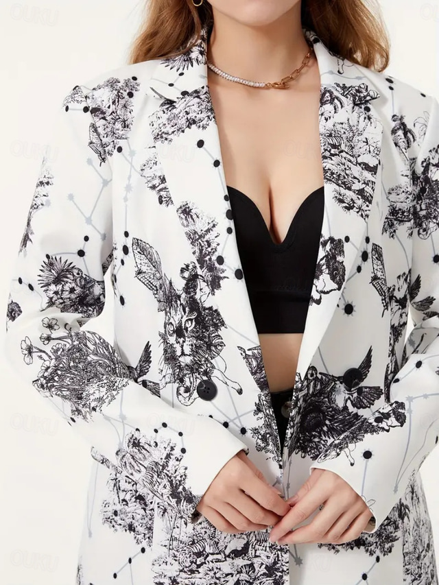  Women's Blazer Comfortable Breathable Print Casual Geometric Office Street Casual Daily Wear Open Front Regular Notch Lapel Regular Fit Long Sleeve Outerwear White Pink Blue Spring Fall