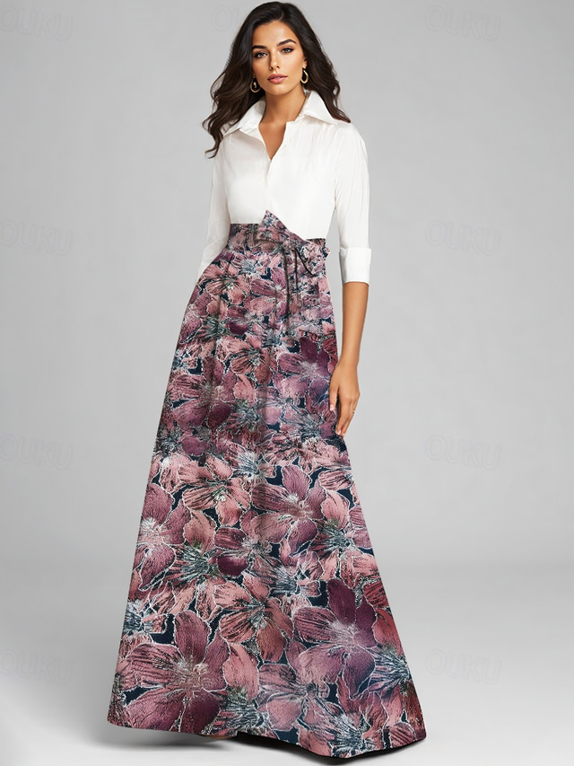  Blue Jacquard Brocade A-Line Mother of the Bride Dress Elegant Vintage Shirt Collar Floor Length Stretch Fabric Long Sleeve with Bow(s) Color Block