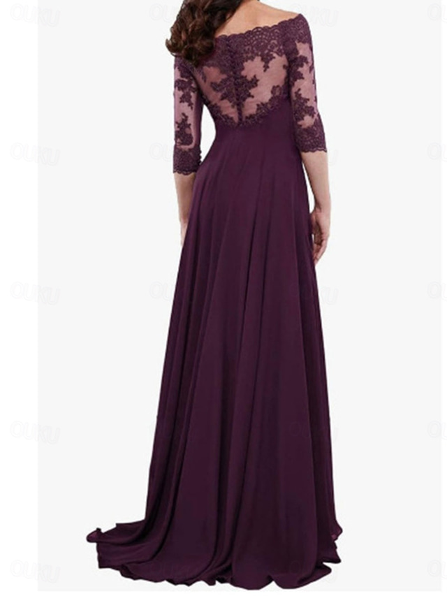  A-Line Mother of the Bride Dress Elegant Simple Off Shoulder Floor Length Chiffon 3/4 Length Sleeve with Solid Color