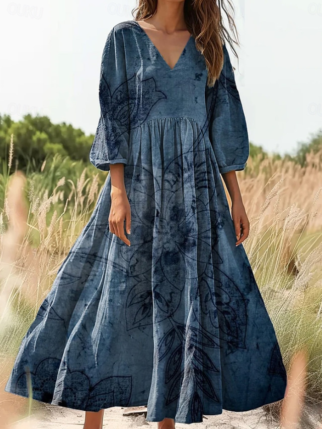  Pentru femei Rochie Maxi Rochie de Vară Rochie A line Rochie plisata Vacanță Casual Boho Ieșire Potrivire Largă Floral Grafic Lungime Manșon 3/4 În V Trifoi Albastru Închis