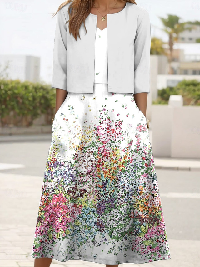 Women's Dress Set Midi Dress A Line Dress Party Cocktail Floral Print Half Sleeve V Neck Wedding Guest Daily White Red Green Summer Spring Loose Fit