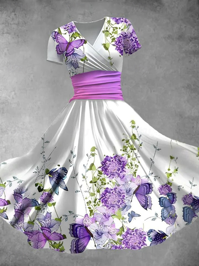  Dames Halflange jurk Zomerjurk Fit And Flare-jurk Feest Casual Dagelijks Feestdagen Normale pasvorm Bloemig Grafisch Korte mouw V-hals Geel Rood blauw Paars Zomer