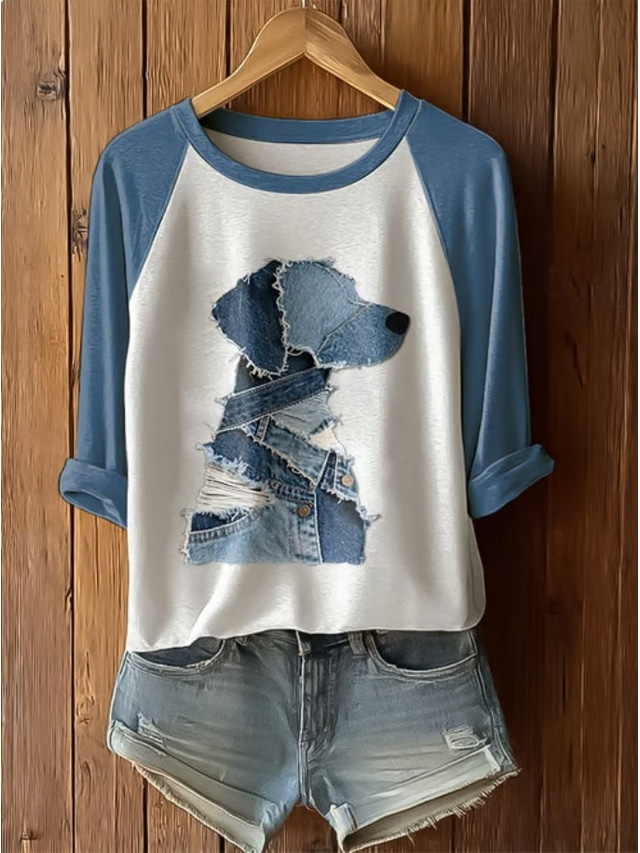  Women's T Shirt Graphic Animal Dog Vintage Stylish Classic Long Sleeve Crew Neck Long Tops Daily Print Blue Light Blue Summer Spring