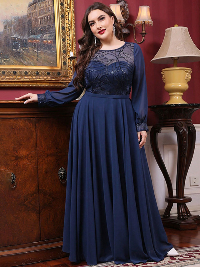  A-Linje Kveldskjole Elegant Kjole Formell Bryllup Gulvlengde Langt Erme Crew Neck Chiffon med Folder