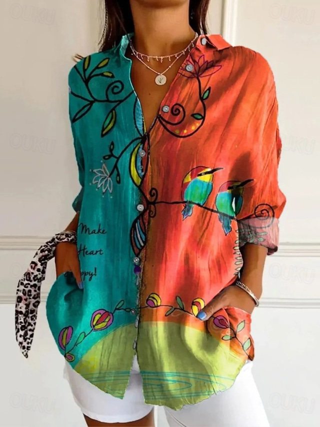  Women's Shirt Floral Graphic Vintage Tropical Daily Long Sleeve Shirt Collar Regular Tops Work Daily Holiday Buttons Print Blue Orange Green Summer Spring