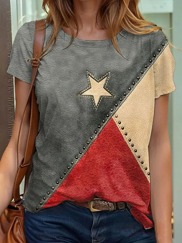  Women's Patriotic  T Shirt Graphic Flag Vintage Stylish Classic Short Sleeve Crew Neck Round Neck Regular Tops Daily Print Blue Gray Summer Spring