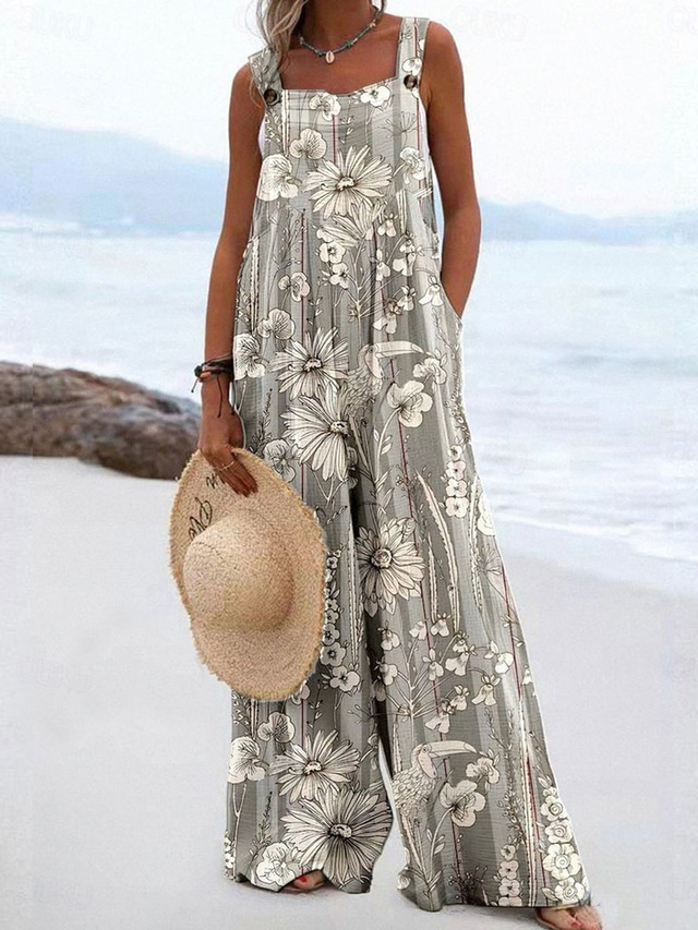  Femmes Combinaison Actif Fleuri Sans manches Jambe large Vacances Rue Coupe Ample Jaune Bleu Gris Été