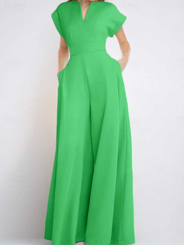  Women's Normal Jumpsuit Elegant Solid Color Short Sleeve V Neck Pocket High Waist Vacation Daily Regular Fit Black Blue Green Summer