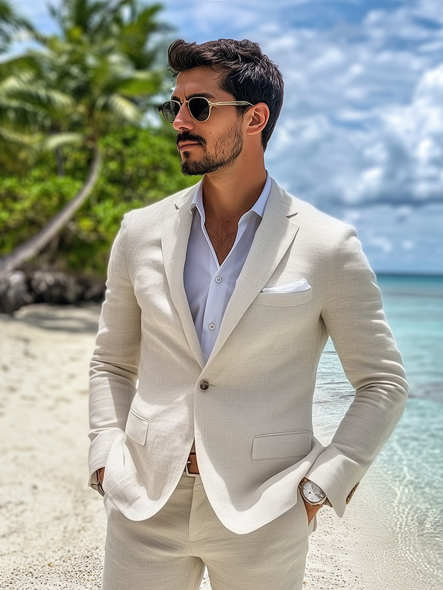  Men's Linen Suits Summer Wedding Casual Beige Daily Lightweight Suits Solid Colored Standard Fit 2 Piece Single Breasted One-button