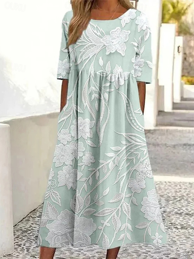  Damen Midikleid Sommerkleid A Linie Kleid Urlaub Lässig Täglich Date Ausgehen Normale Passform Blumen Grafik Kurzarm Rundhalsausschnitt Rosa Blau Grün Beige Sommer Frühling