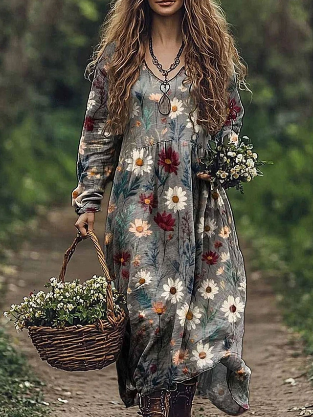  Damen Maxikleid A Linie Kleid Urlaub Lässig Boho Ausgehen Strand Lässiger Schnitt Blumen Grafik Paisley-Muster Langarm V Ausschnitt Rote Blau Grün Grau Sommer Frühling