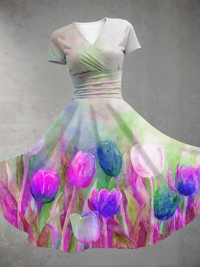  Dames Halflange jurk Zomerjurk Fit And Flare-jurk Feest Casual Dagelijks Feestdagen Normale pasvorm Bloemig Grafisch Korte mouw V-hals Geel Paars Groen Zomer Lente