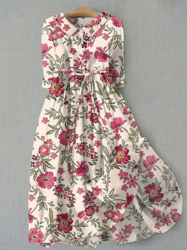  Dames Halflange jurk Hemdjurk Zomerjurk Vakantie Casual Boho Dagelijks Normale pasvorm Bloemig Grafisch Halve mouw Revers Blozend Roze Groen Donkerblauw Zomer Lente
