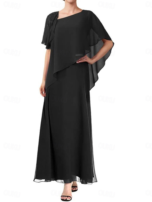  A-Line Mother of the Bride Dress Elegant Simple Square Neck Ankle Length Chiffon Short Sleeve with Solid Color