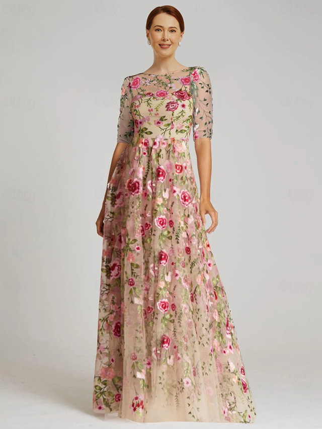  Floral Embroidered A-Line Mother of the Bride Dress Formal Elegant Vintage Illusion Neck Floor Length Tulle Half Sleeve with Appliques Flower