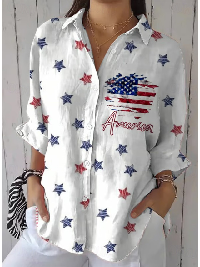  Independence Day Women's Patriotic Fourth of July Shirt Graphic Flag Vintage Tropical Stylish Long Sleeve Shirt Collar Regular Tops Work Daily Buttons Print Black White Blue Sky Blue  Fall