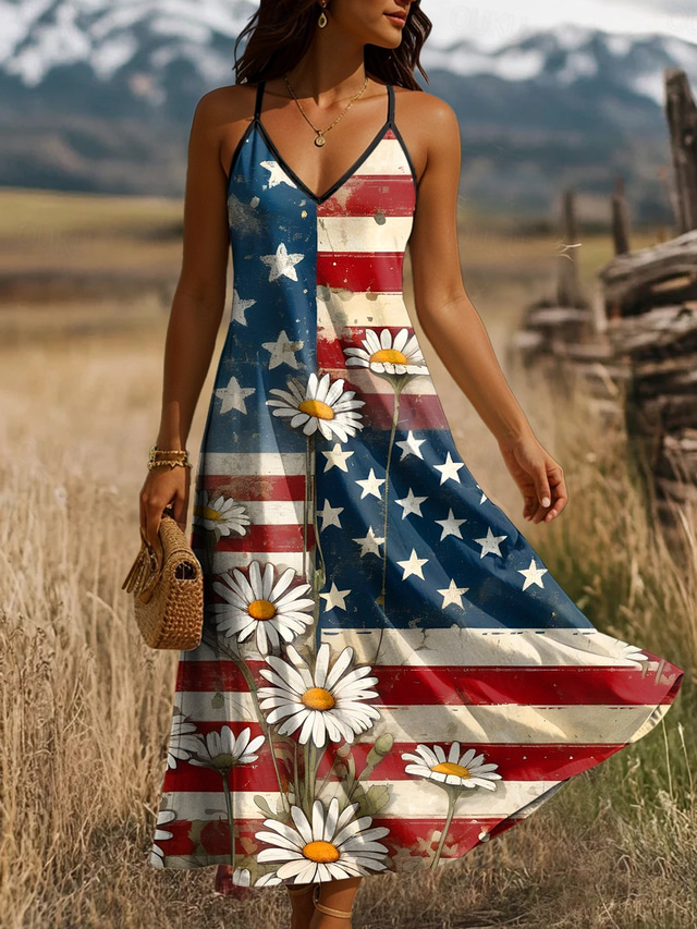  Rochie Maxi Patriaotică pentru Ziua Independenței a Femeilor a Patru Iulie Rochie A Line Rochie Slip Vacanță Casual Sărbătoare Grafică Drapel American Fără Mâneci V Gât Curea Spaghete Galben Deschis