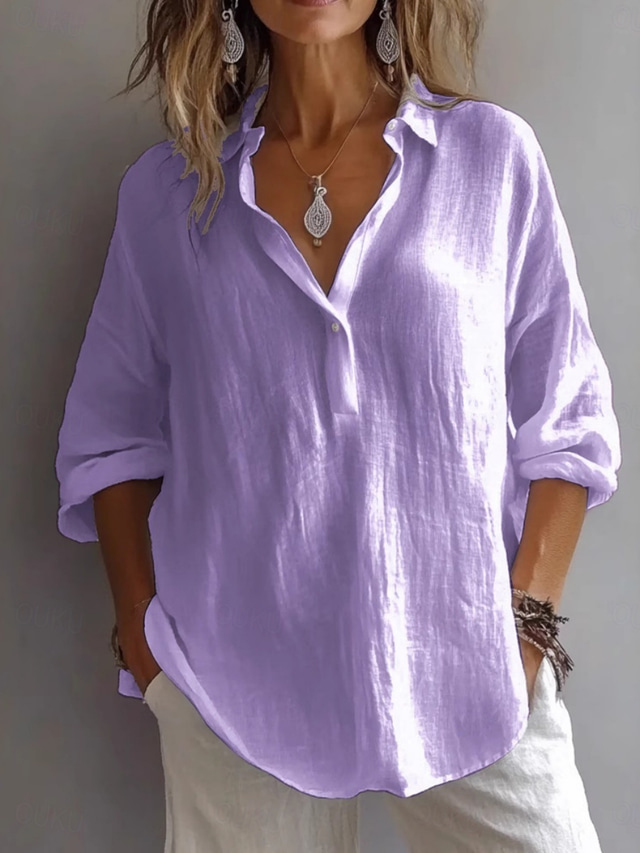  Women's White Cotton Blouse Solid Color Basic Casual Long Sleeve Shirt Collar Regular Tops Daily Buttons White Pink Purple Green Summer