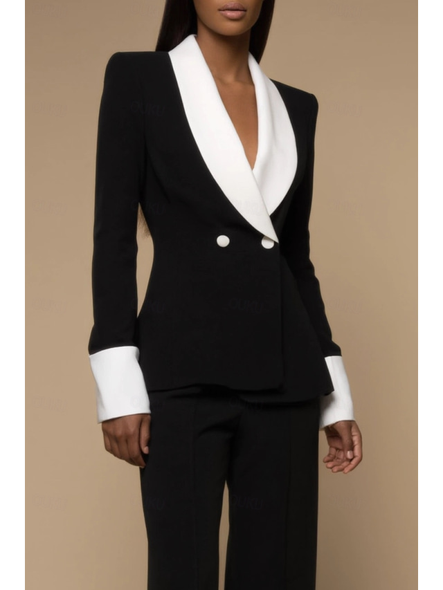  Black and White Two Piece Jumpsuit / Pantsuit Pantsuit Mother of the Bride Pant Suit Elegant Vintage Simple Shawl Lapel Floor Length Crepe Stretch Fabric Long Sleeve with Buttons Color Block 2025
