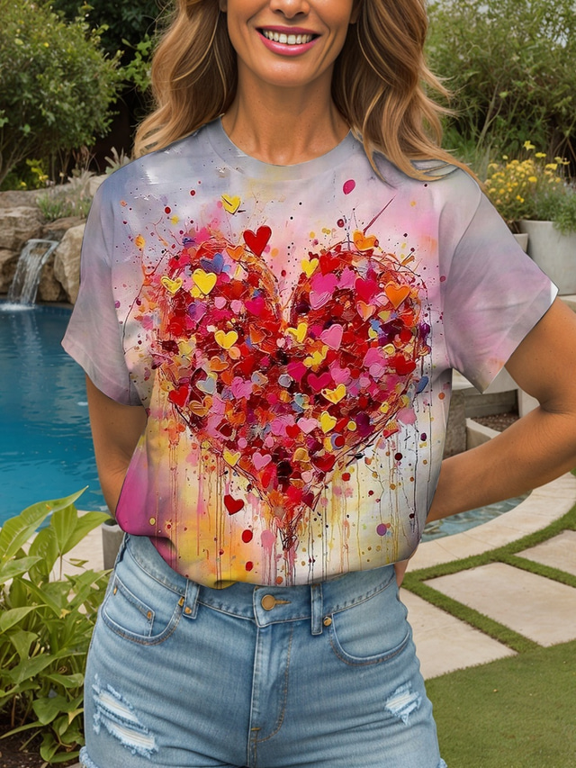  Women's T Shirt Heart Floral Graphic Vintage Stylish Classic Short Sleeve Crew Neck Round Neck Regular Tops Daily Print Pink Red Blue Purple Brown Summer