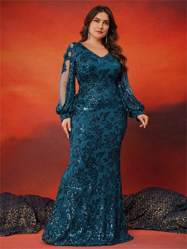  Zeemeermin  Trompet Plus Size Jurken Elegante Curve Jurk Formele Bruiloft Vloerlengte Lange Mouw V Hals Pailletten met Pailletten 2025