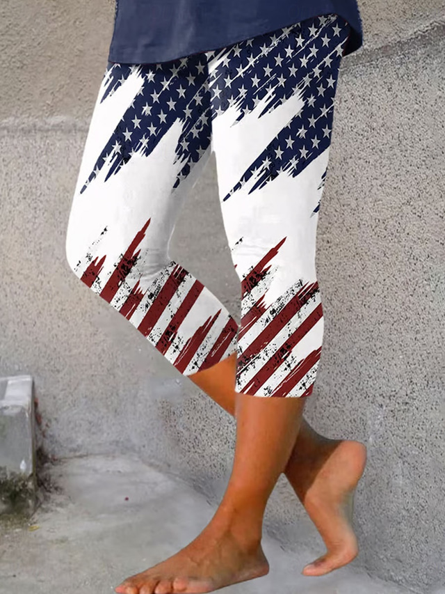  Women's Patriotic  Leggings Beach Shorts Vacation Vintage Fashion Calf-Length High Waist Pants Graphic Flag American Flag Printing Stretchy Formal Vacation Street