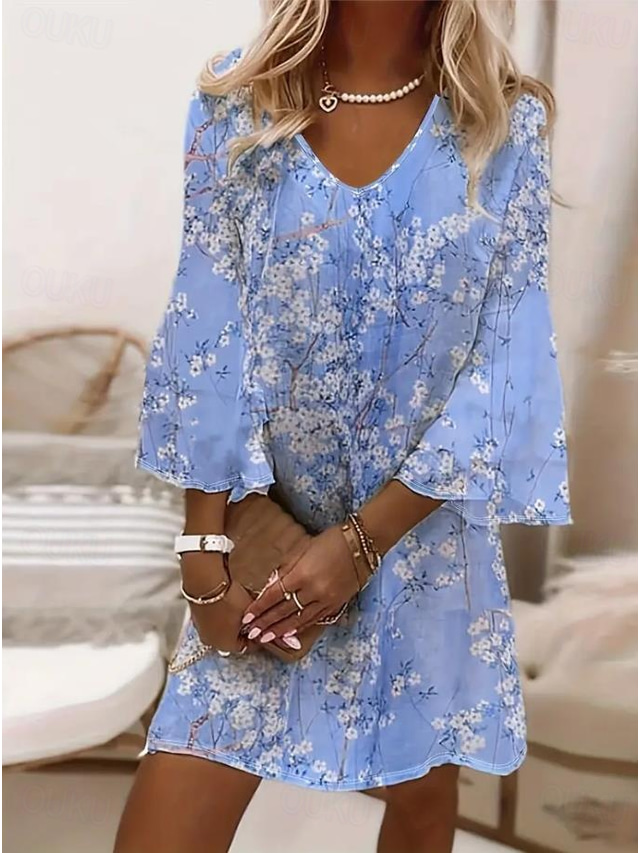  Per donna Mini Abito Vestito Estivo Abito a trapezio Boho Feste Vestibilità regolare Floreale Grafico Manica 3/4 Scollo a V Rosa chiaro Verde chiaro Rosa scuro Azzurro cielo Estate Primavera