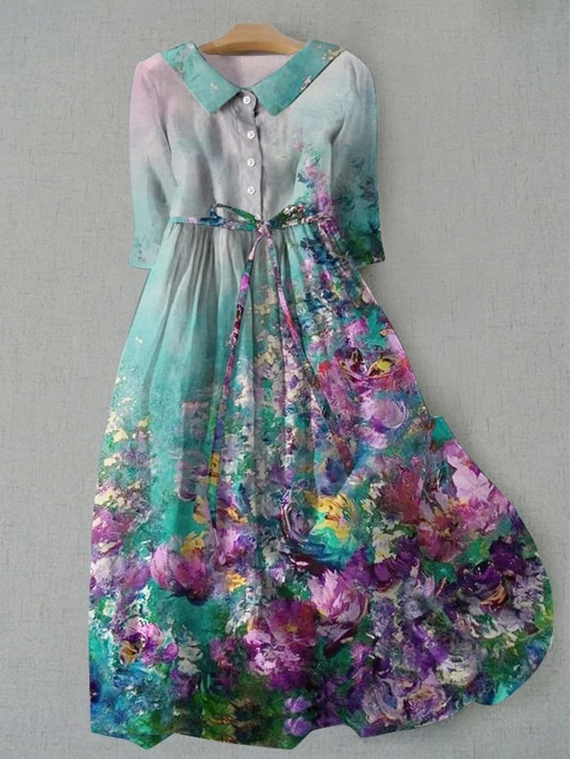  Per donna Abito Midi Abito a trapezio Abito aderente e svasato Casual Quotidiano Data Vestibilità regolare Ombre Floreale Grafico Mezza Manica Colletto a Camicia Blu reale Azzurro cielo Verde Estate