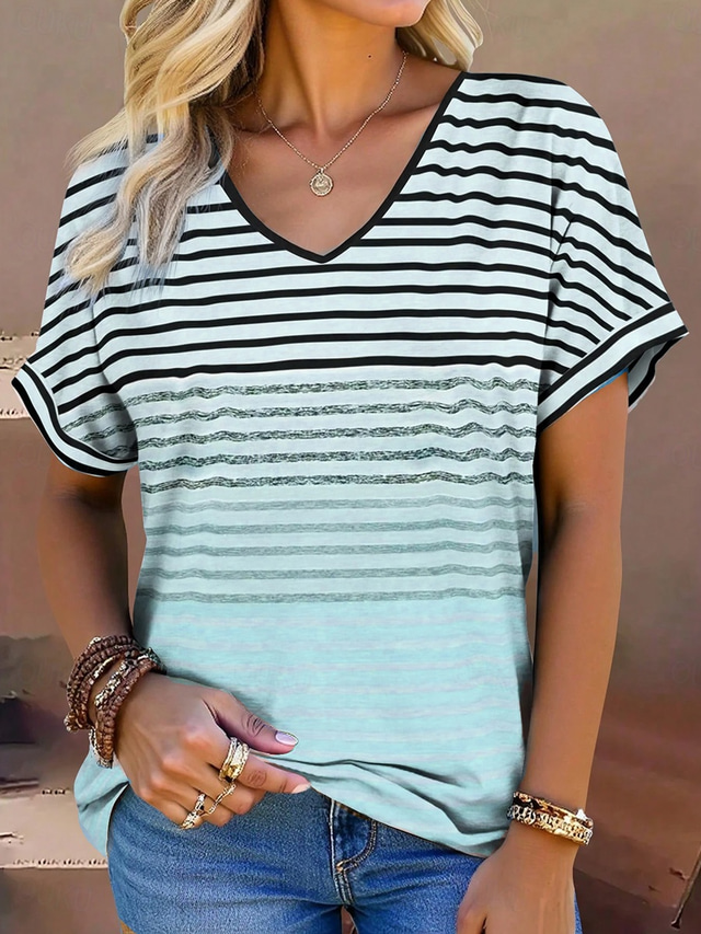  Mulheres Camiseta Gráfico Geométrica Listrado à moda Moderno Casual Manga Curta Decote V Tops regulares Diário Imprimir Rosa Azul Roxo Verde Verão Primavera