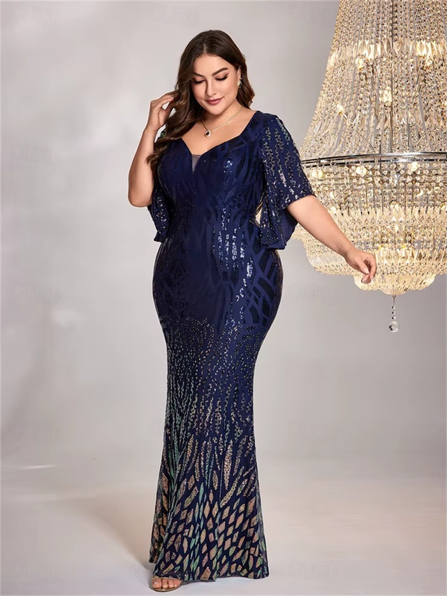  Mermaid  Trompet Pluss størrelse Kjoler Elegant Kurve Kjole Formal Bryllup Gulvlengde Halv Erme Hjerteformet Polyester med Paljetter 2025
