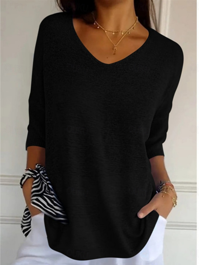  Women's Blouse Solid Color Basic Casual 3/4 Length Sleeve V Neck Regular Tops Daily Black Yellow Red Green Apricot Fall Winter