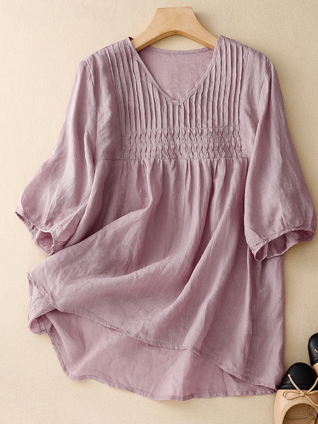  Dame Dressy topper Flytende topper Helfarge عادي Elegant Daglig damer Halvlange ermer V-hals Vanlige topper Daglig Ferie Rynket Hvit Rosa Blå Lilla Sommer Vår Høst