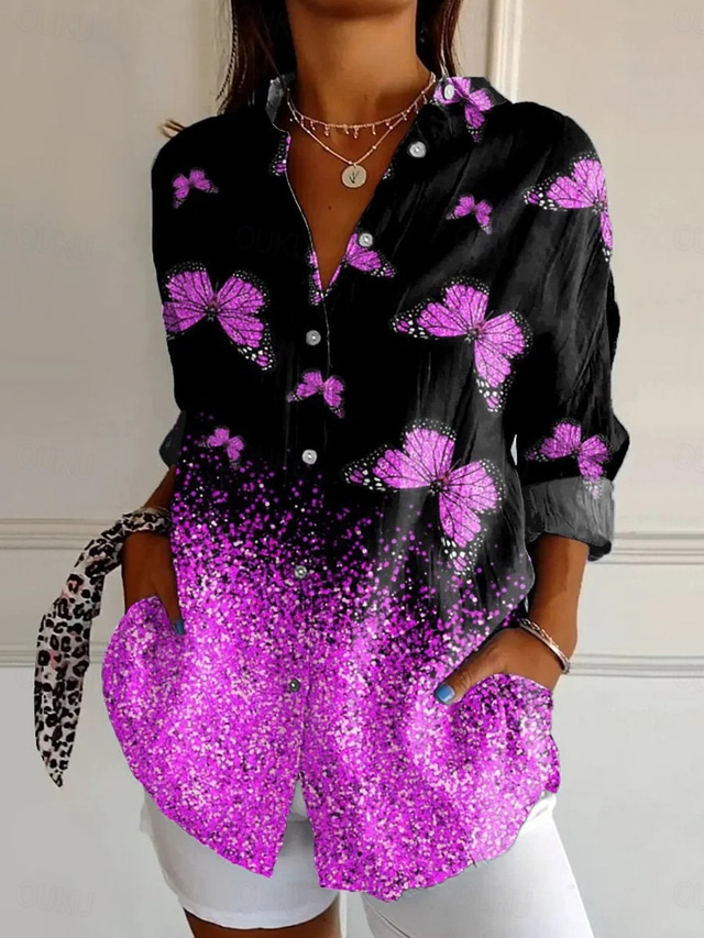  Damen Hemd Ombre Grafik Schmetterling Täglich Stilvoll Lässig Langarm Hemdkragen Normale Oberteile Täglich Ferien Knöpfe Druck Rosa Blau Purpur Orange Grau Sommer Frühling